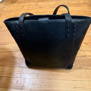 Vintage 1970s Black Leather Hand Bag with Decorative Stitching and Flower cutout